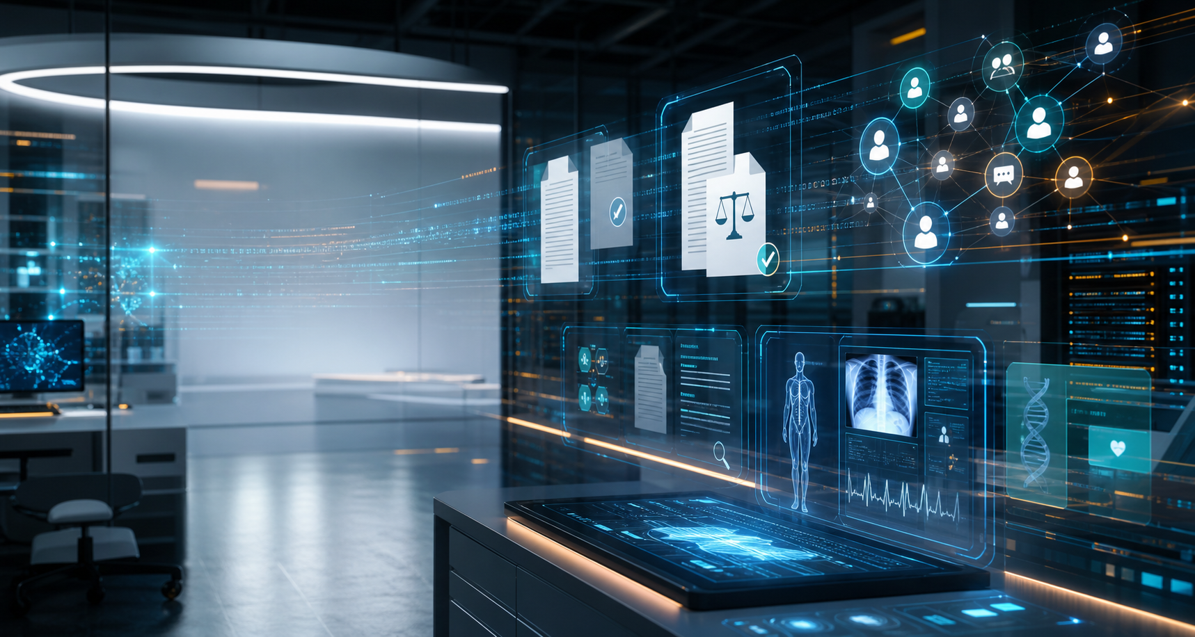 AI software platform interface connecting documents, publishing workflows, communication, and healthcare data